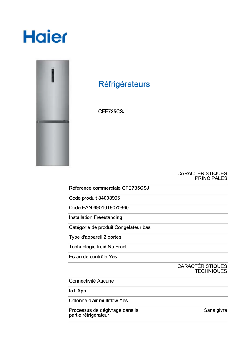 Page n°1 - Fiche technique Haier CFE735CSJ