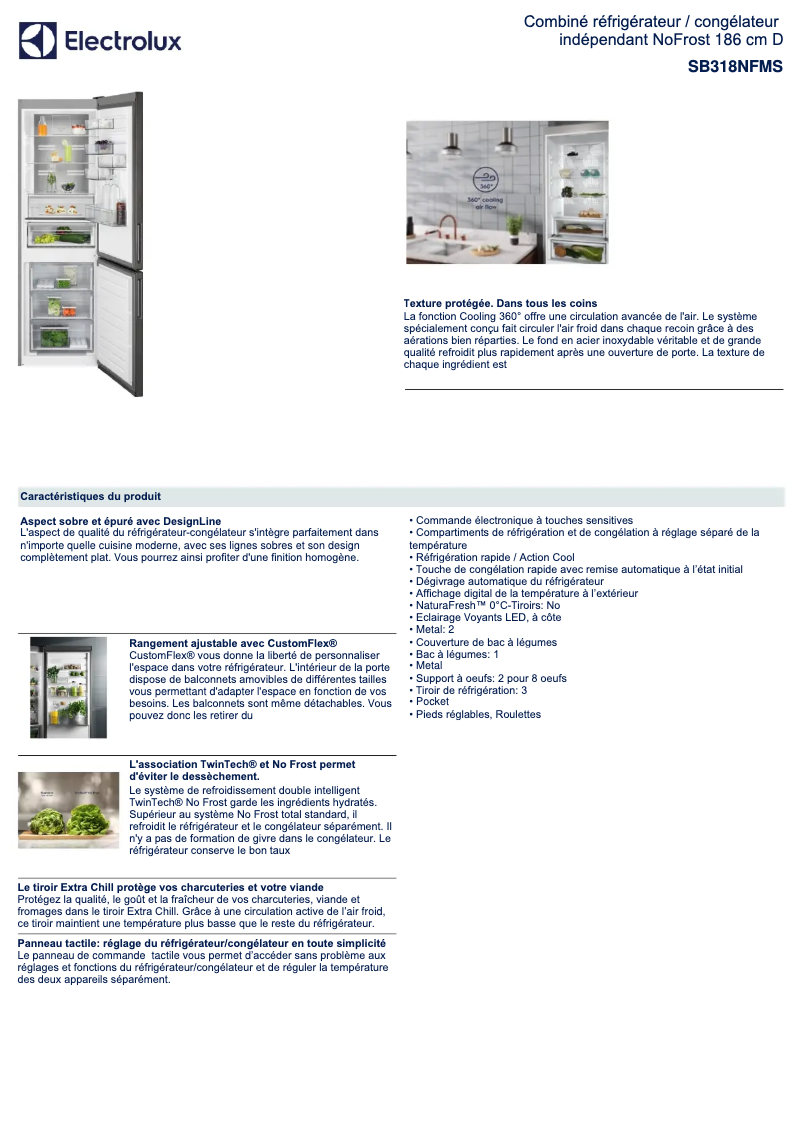 Page 1 de la notice Fiche technique Electrolux SB318NFMS