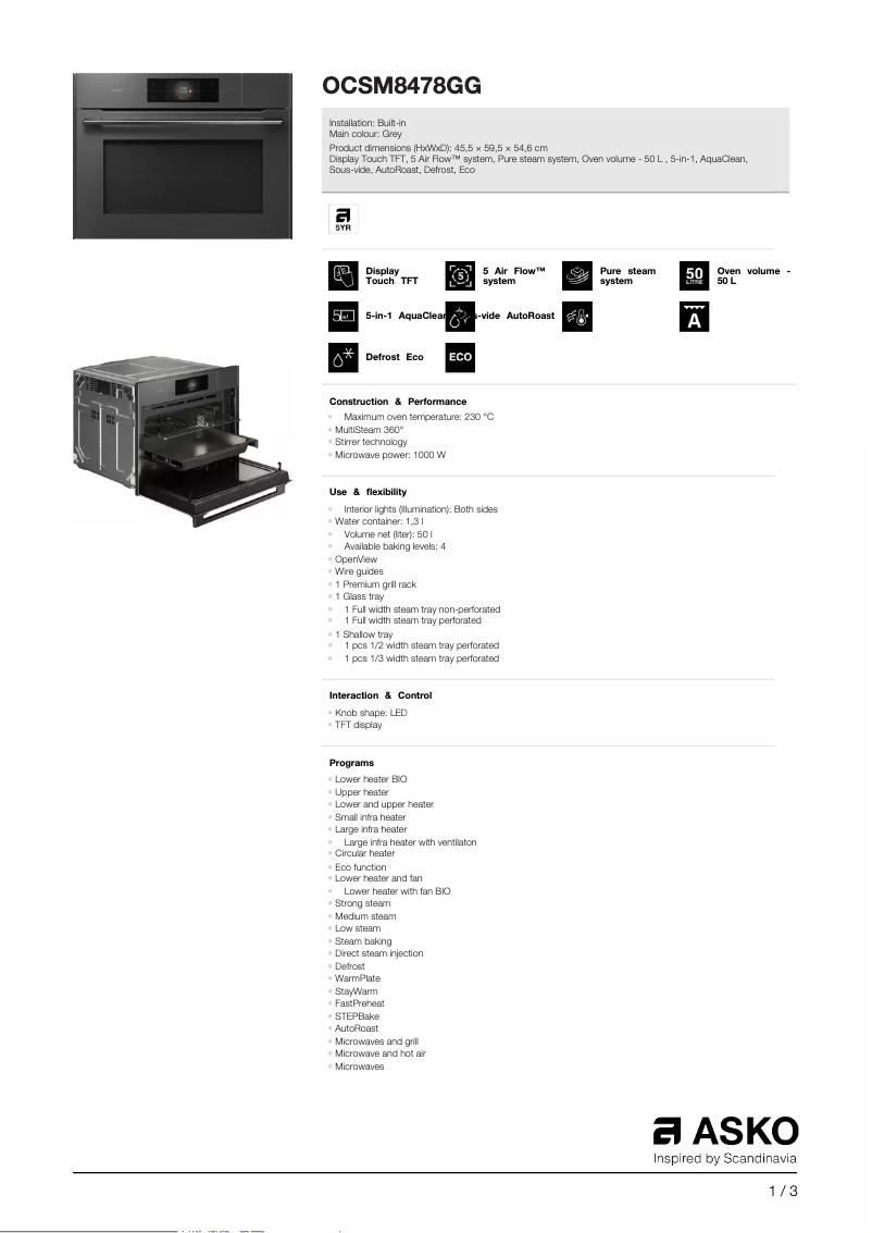 Page n°1 - Fiche technique Asko OCSM8478GG