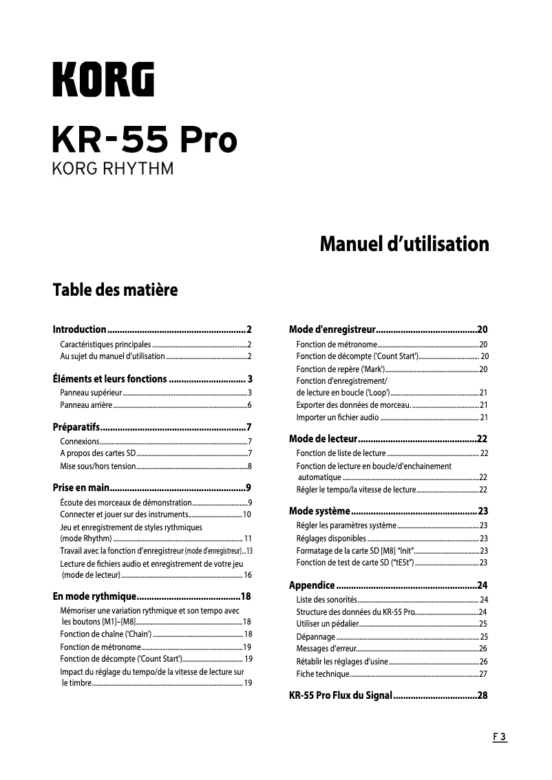 Page 1 de la notice Manuel utilisateur Korg KR-55 Pro