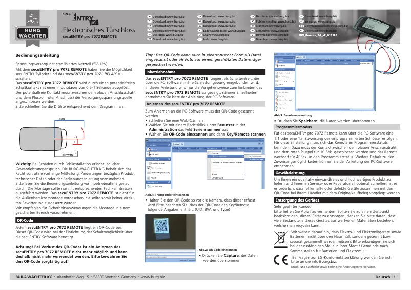 Image de la première page du manuel de l'appareil secuENTRY pro 7072