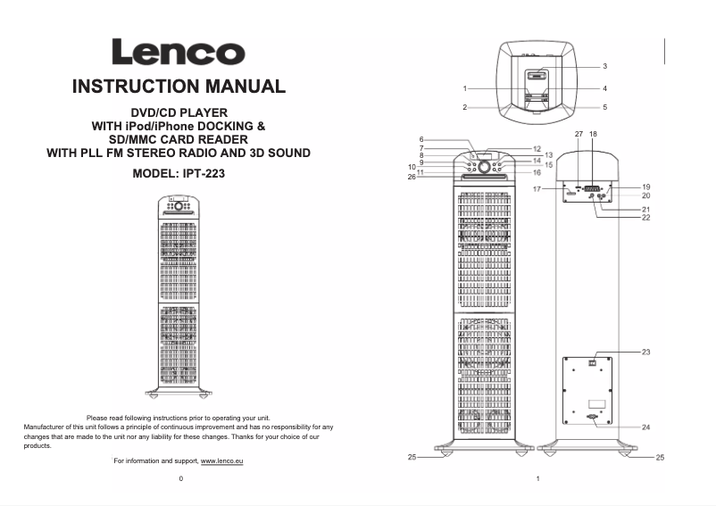 Page 1 de la notice Manuel utilisateur Lenco IPT-223