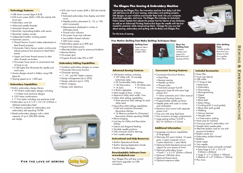 Page 1 de la notice Fiche technique Baby Lock Ellageo Plus