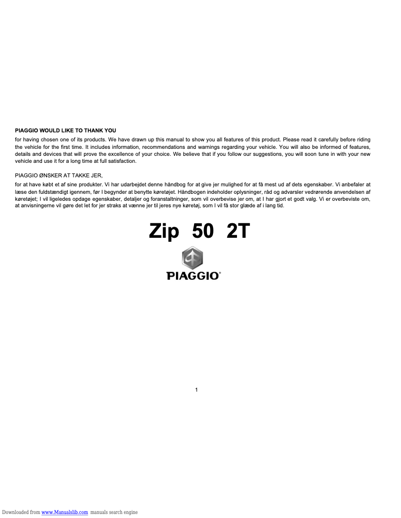Page 1 de la notice Manuel utilisateur Piaggio ZIP 50 2T