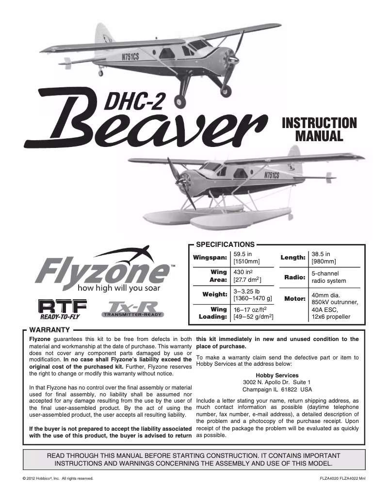 Page 1 de la notice Manuel utilisateur Flyzone DHC-2 Beaver