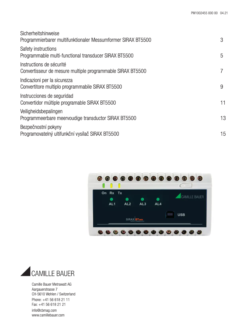 Page n°1 - Instructions de sécurité Camille Bauer SIRAX BT5500