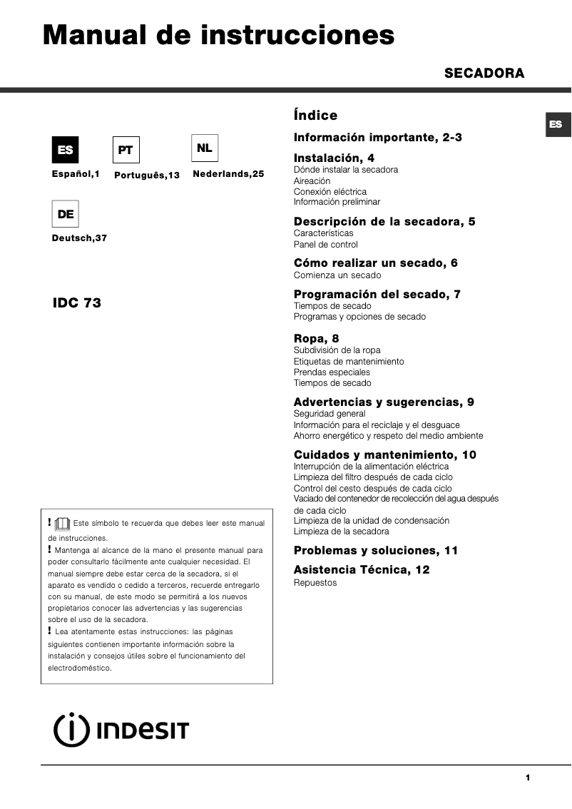 Image de la première page du manuel de l'appareil IDC 73