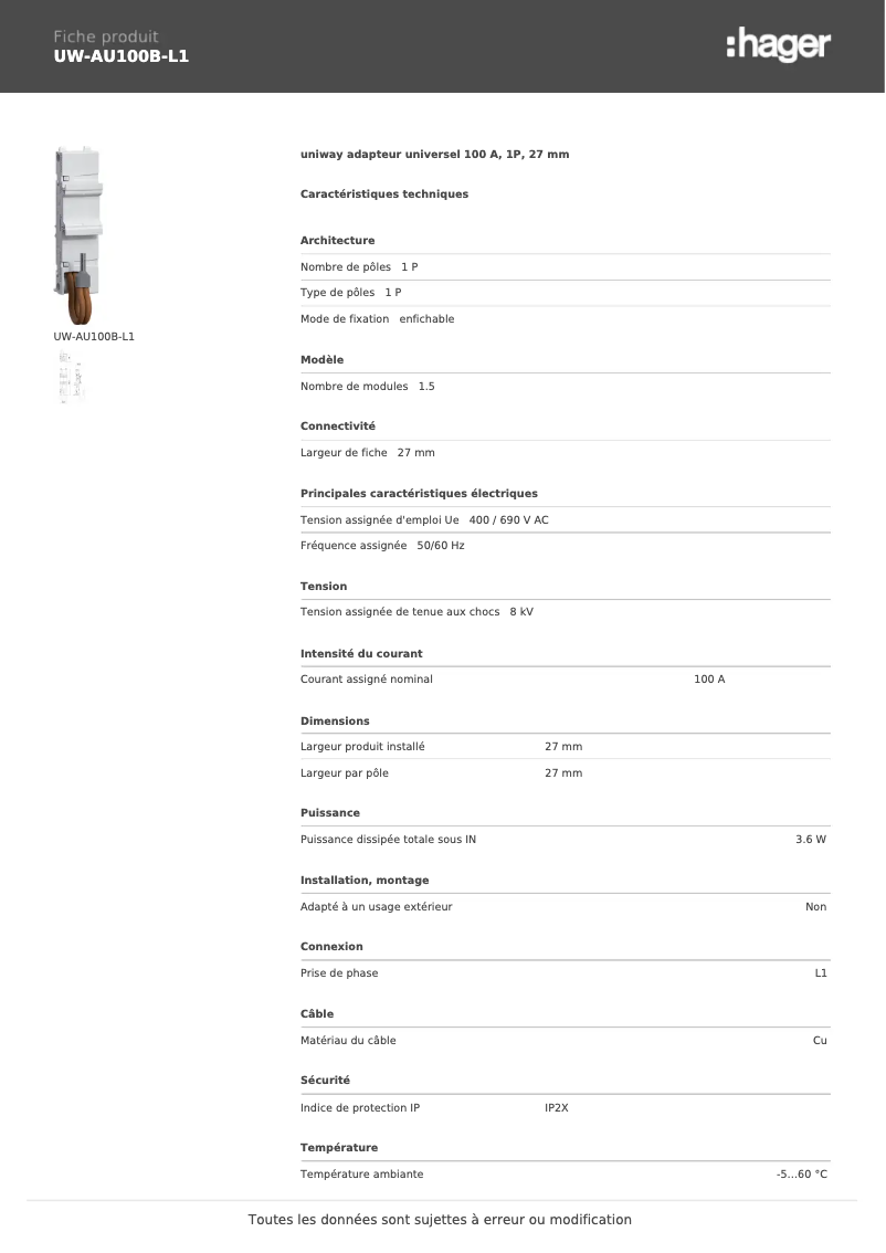 Page 1 de la notice Manuel utilisateur Hager UW-AU100B-L1
