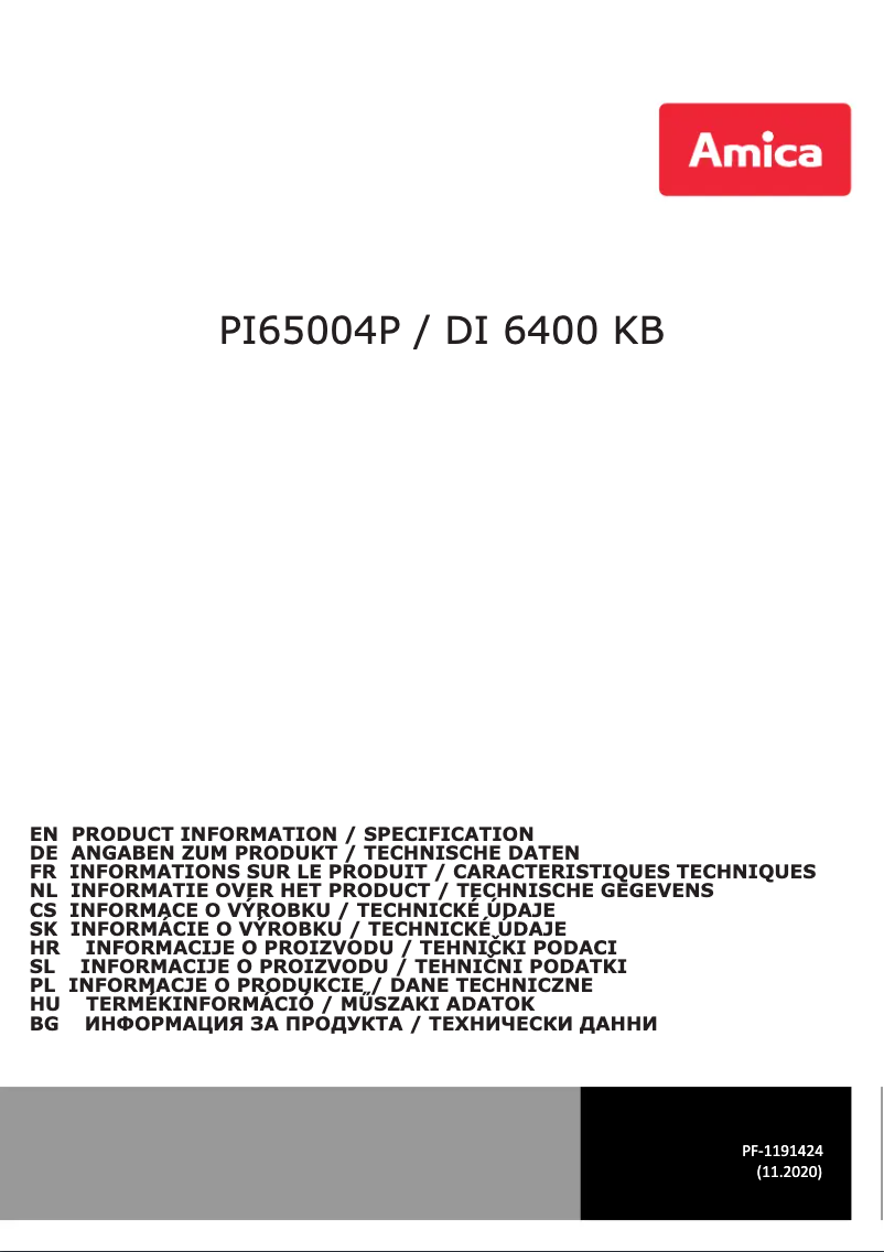 Page 1 de la notice Fiche technique Amica PI65004P