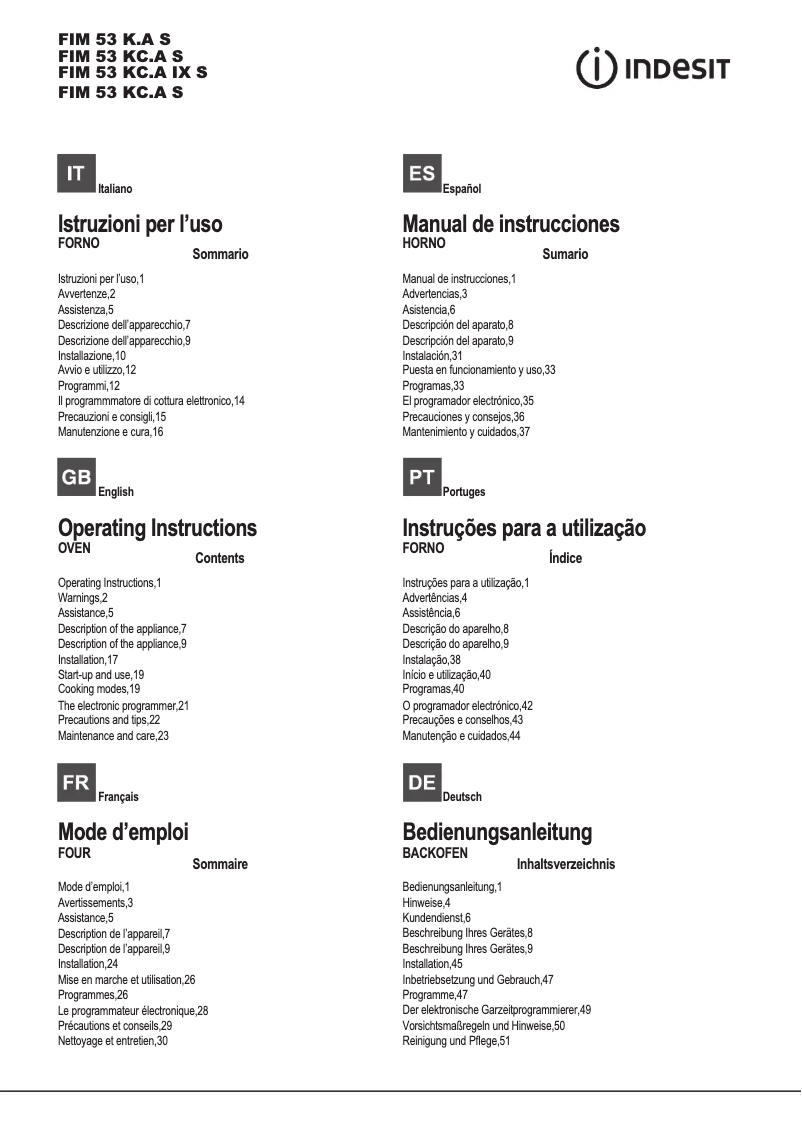 Page 1 de la notice Manuel utilisateur Indesit FIM 53 KC.A (BL) S