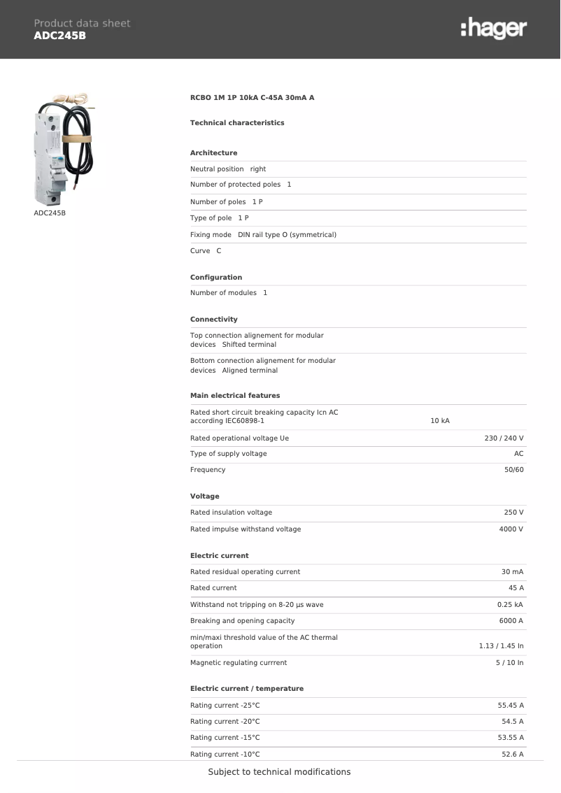 Page n°1 - Fiche technique Hager ADC245B