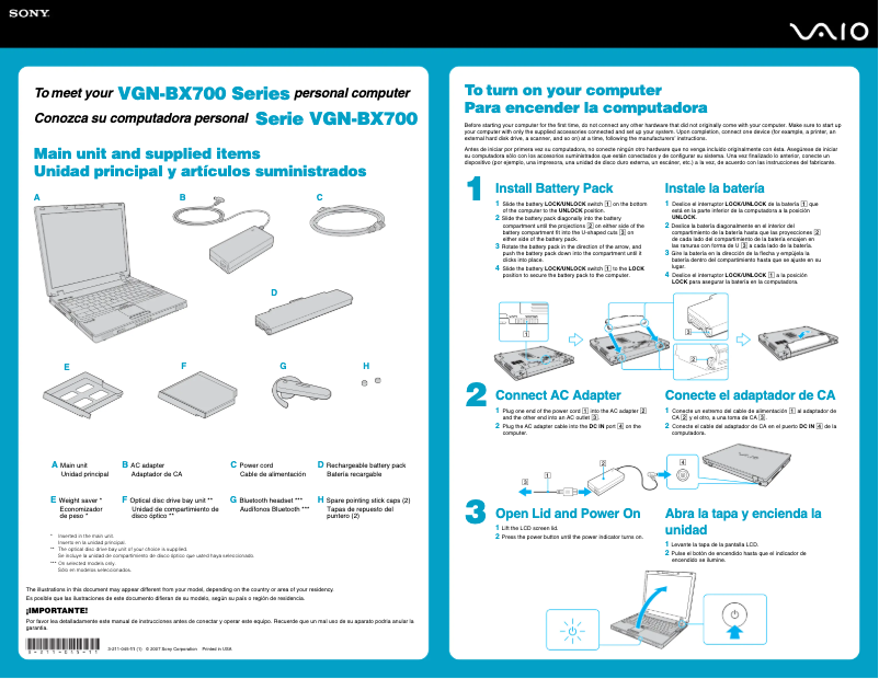 Page 1 de la notice Guide d'installation Sony Vaio VGN-BX740