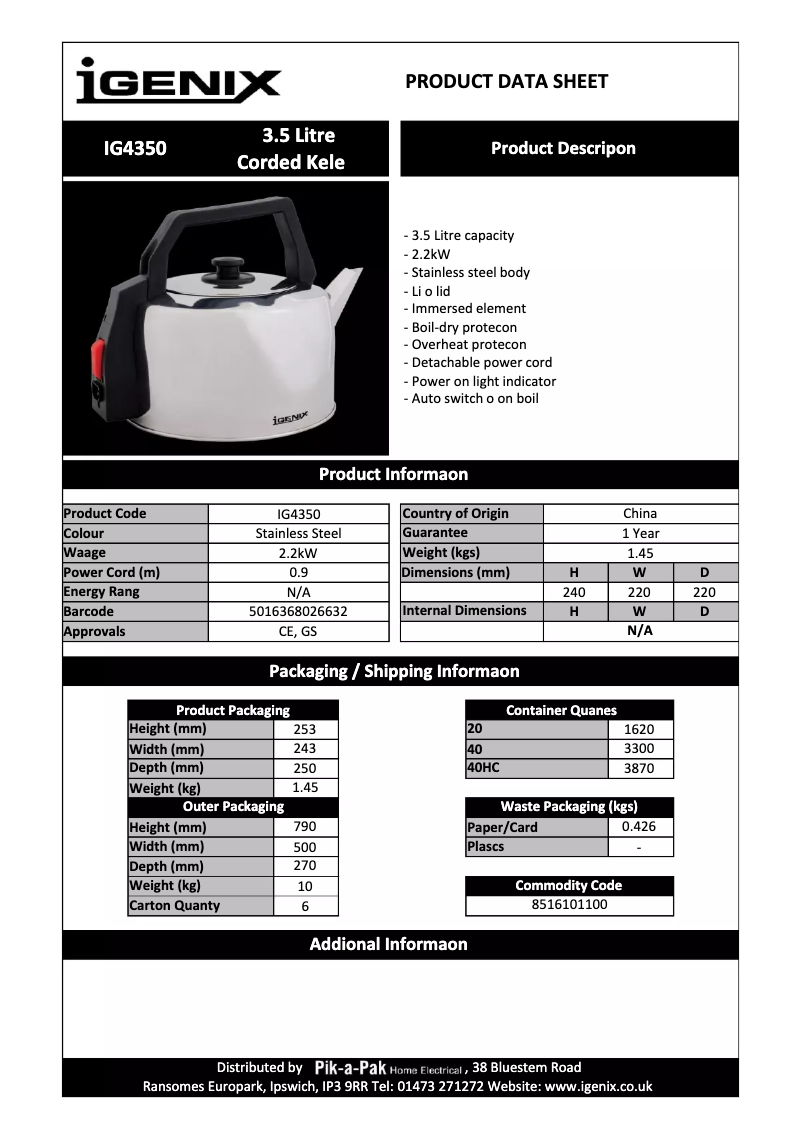 Page 1 de la notice Manuel utilisateur Igenix IG4350
