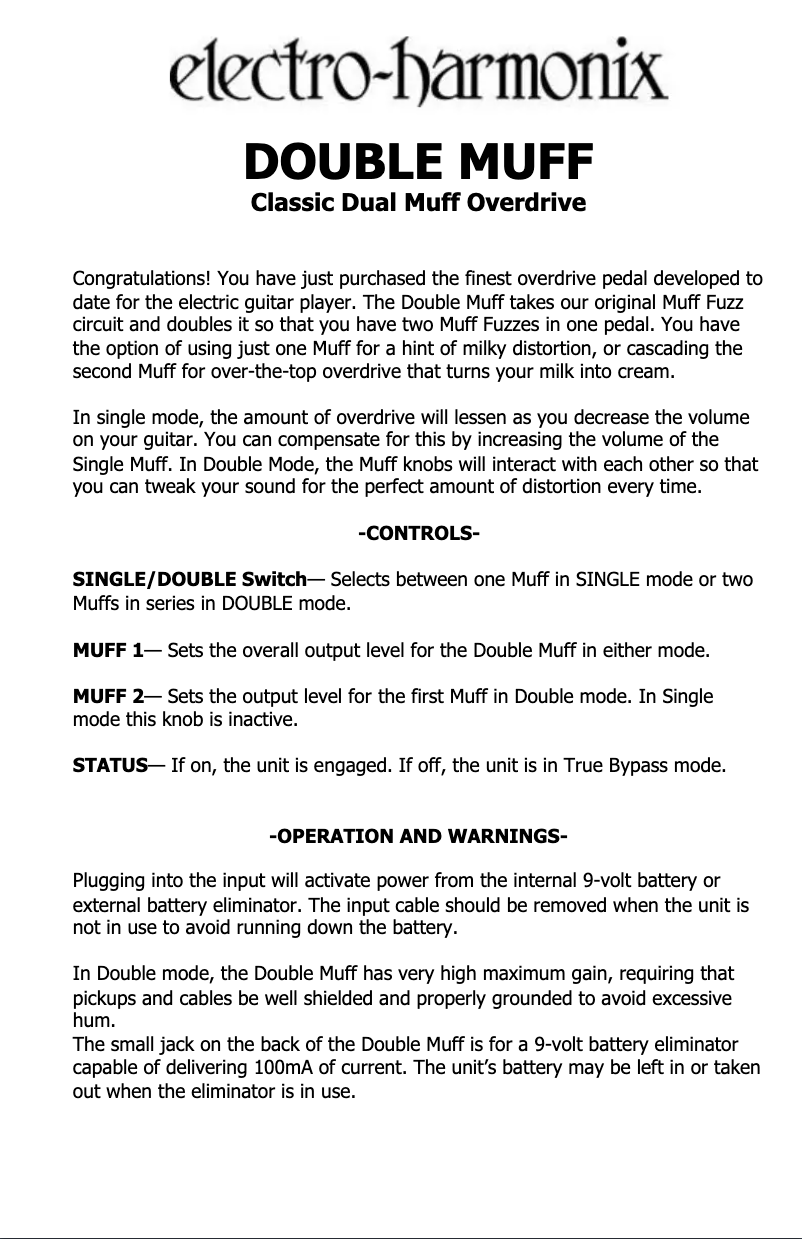 Page 1 de la notice Manuel utilisateur Electro Harmonix Double Muff