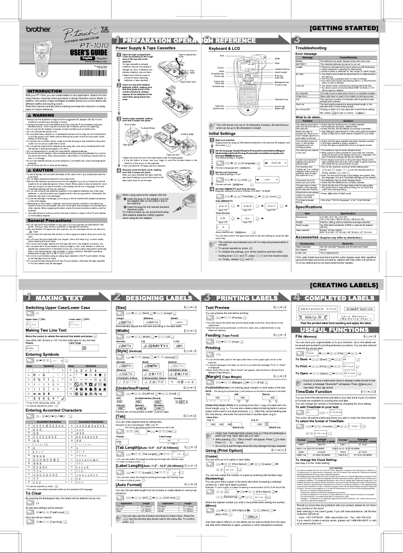 Image de la première page du manuel de l'appareil P-Touch 1010