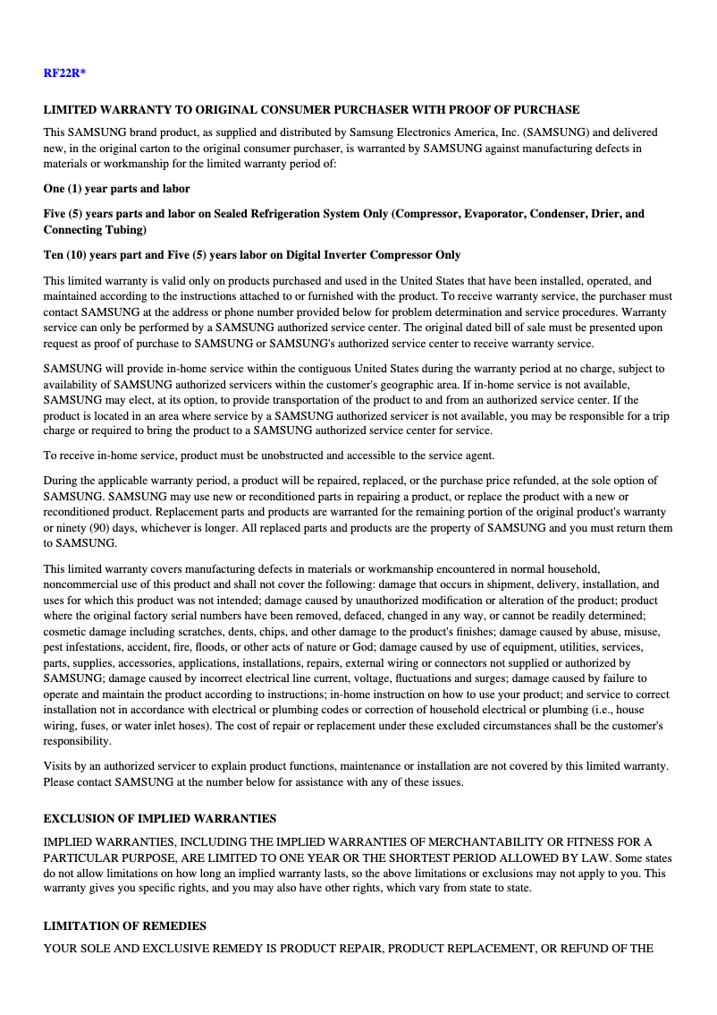 Page n°1 - Informations de garantie Samsung RF22R7551SG