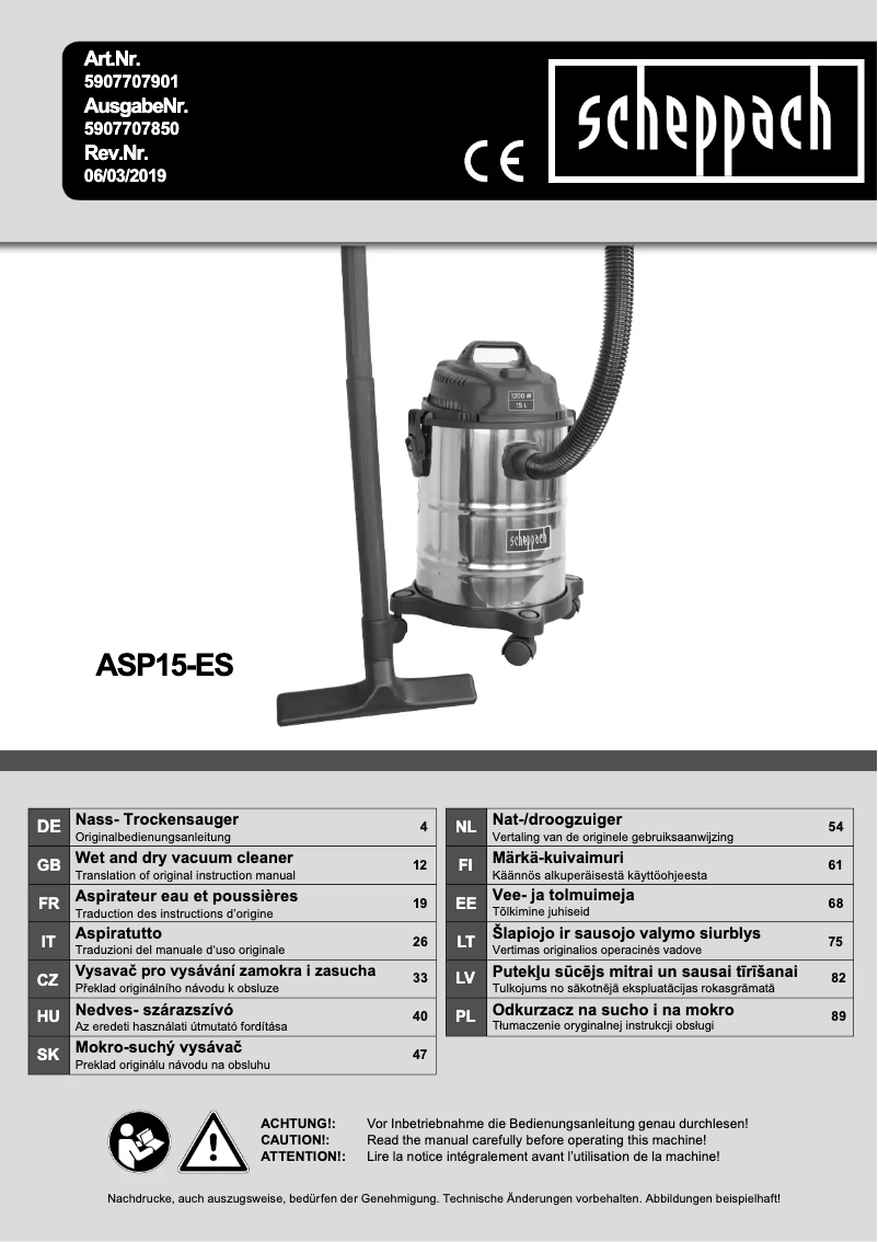 Page 1 de la notice Manuel utilisateur Scheppach ASP15-ES
