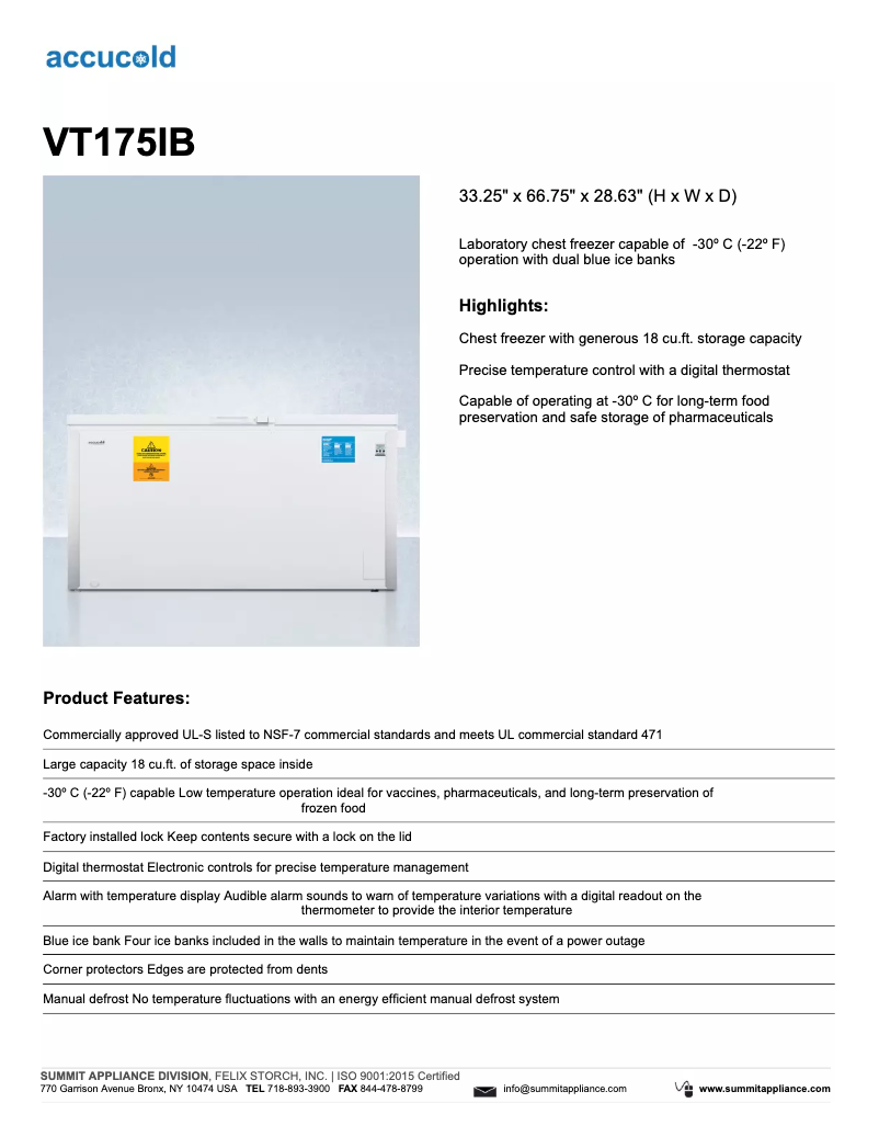 Image de la première page du manuel de l'appareil Accucold VT175IB