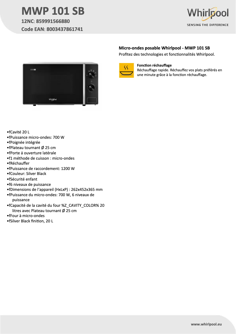 Page 1 de la notice Fiche technique Whirlpool MWP 101 SB