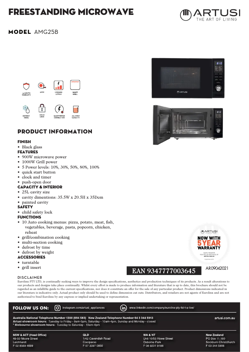 Page 1 de la notice Fiche technique Artusi AMG25B