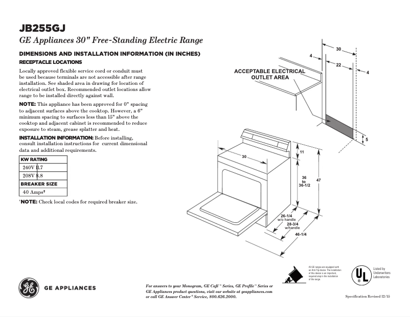 Page n°1 - Fiche technique GE JB255GJSA