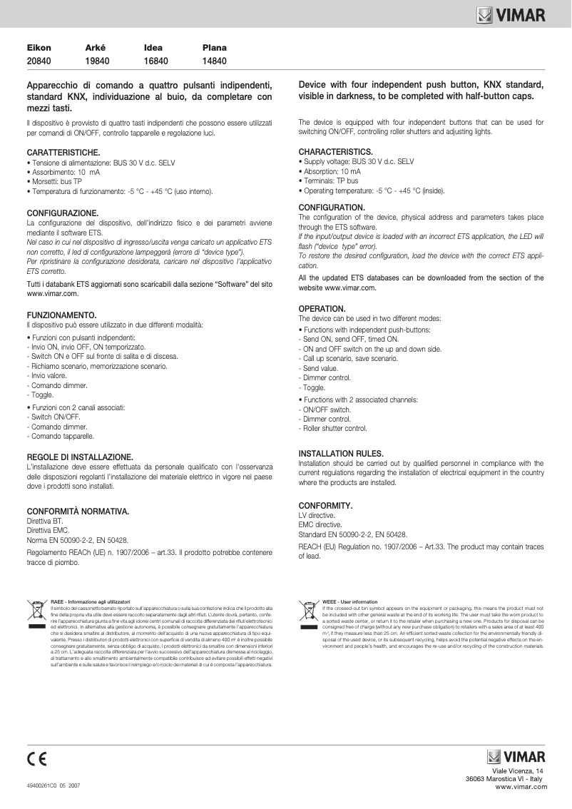 Page n°1 - Manuel utilisateur Vimar R14840