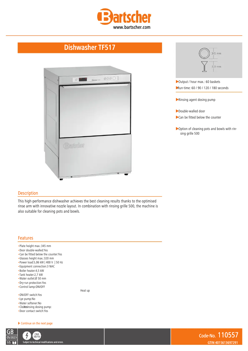 Page n°1 - Fiche technique Bartscher TF517