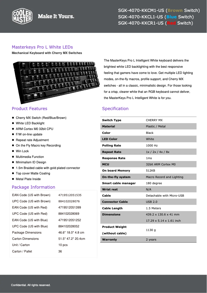 Page 1 de la notice Fiche technique Cooler Master MasterKeys Pro L