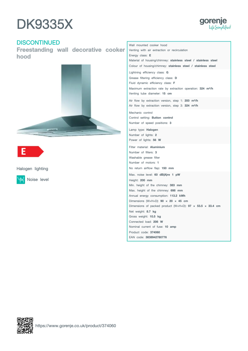 Page n°1 - Fiche technique Gorenje DK9335X