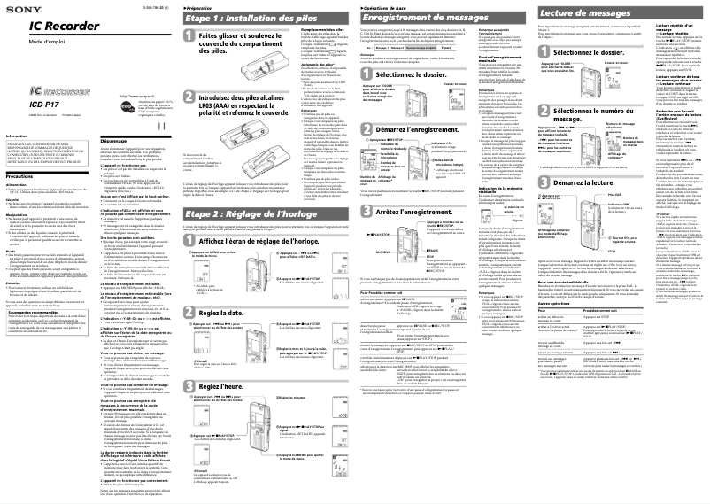 Page 1 de la notice Manuel utilisateur Sony ICD-P17