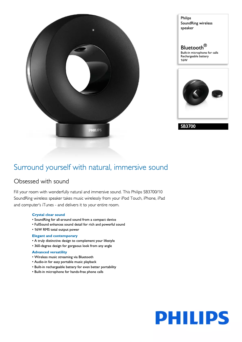 Page 1 de la notice Brochure Philips SB3700