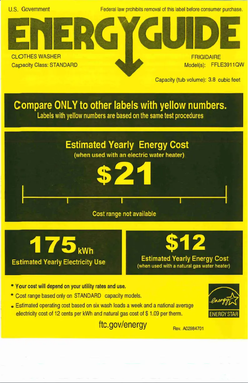 Page 1 de la notice Label énergétique Frigidaire FFLE3911QW