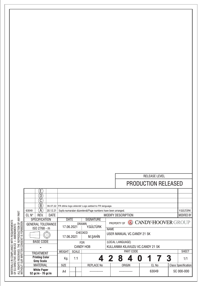 Page 1 de la notice Manuel utilisateur Candy CC64CH