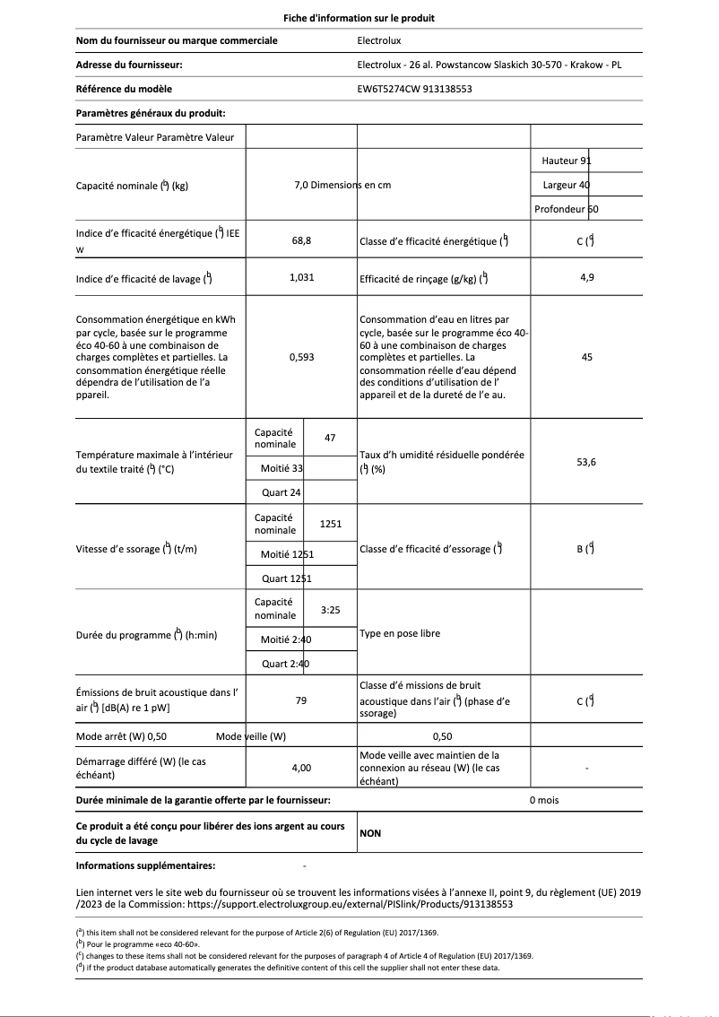 Page 1 de la notice Fiche technique Electrolux EW6T5274CW