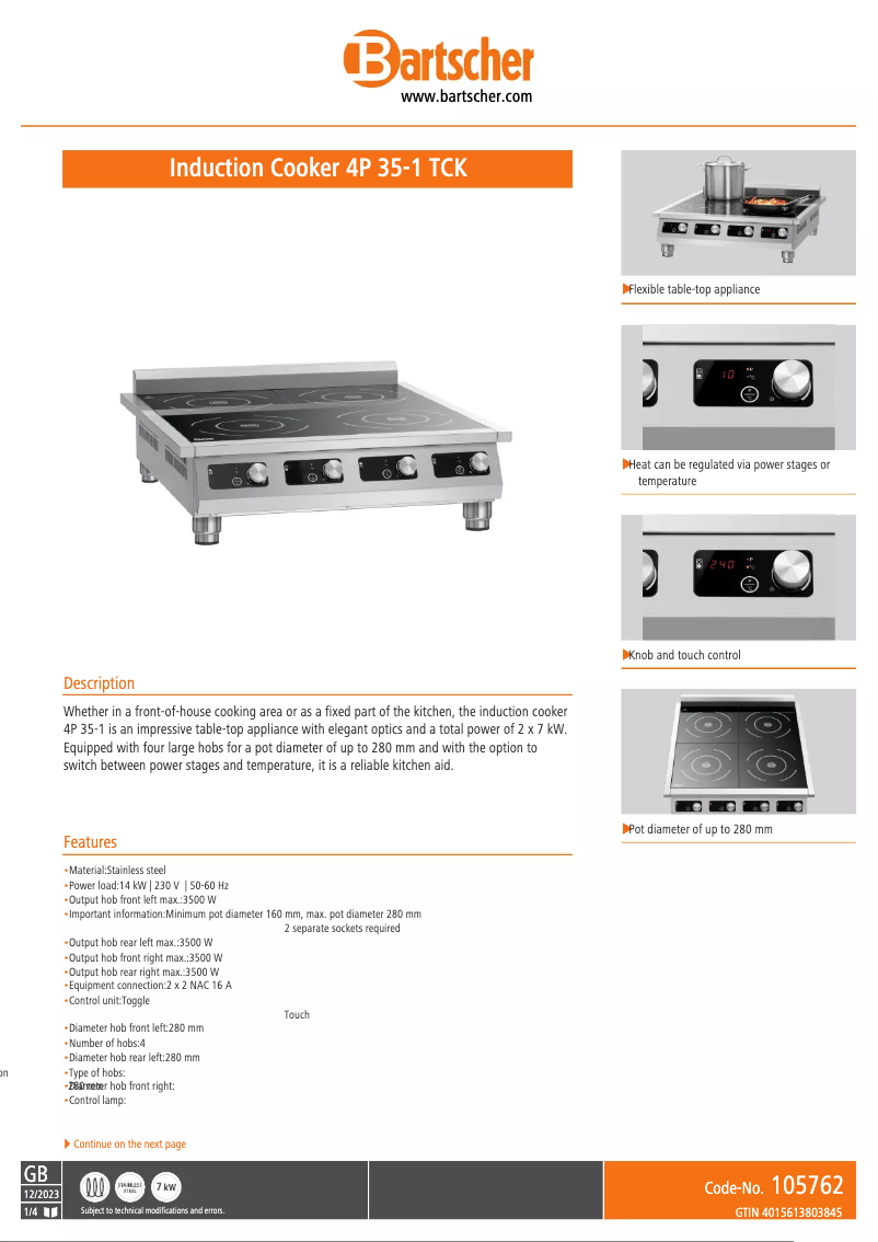 Page n°1 - Fiche technique Bartscher 4P 35-1 TCK
