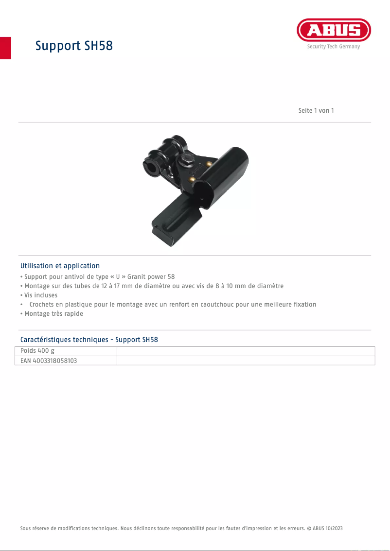 Page 1 de la notice Fiche technique Abus SH58