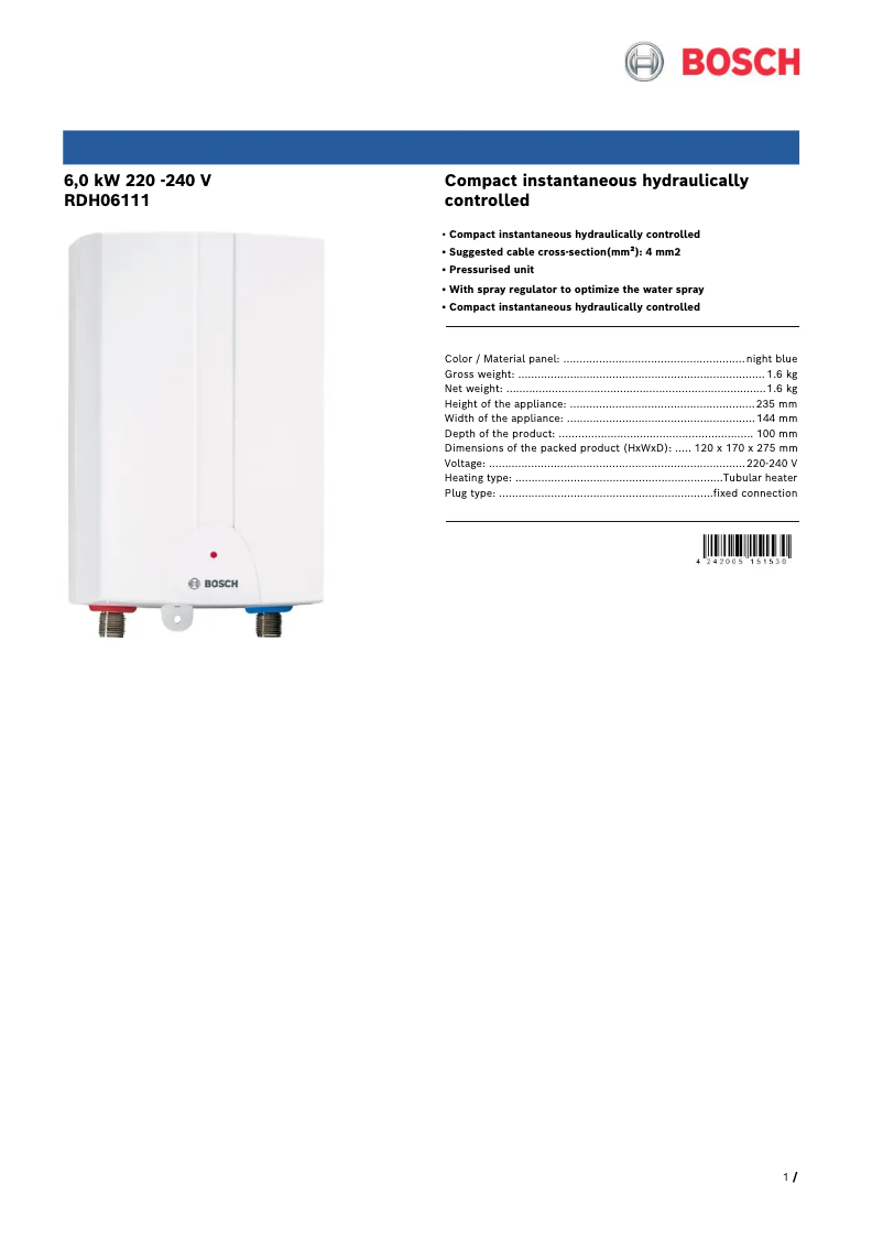 Page n°1 - Fiche technique Bosch RDH06111