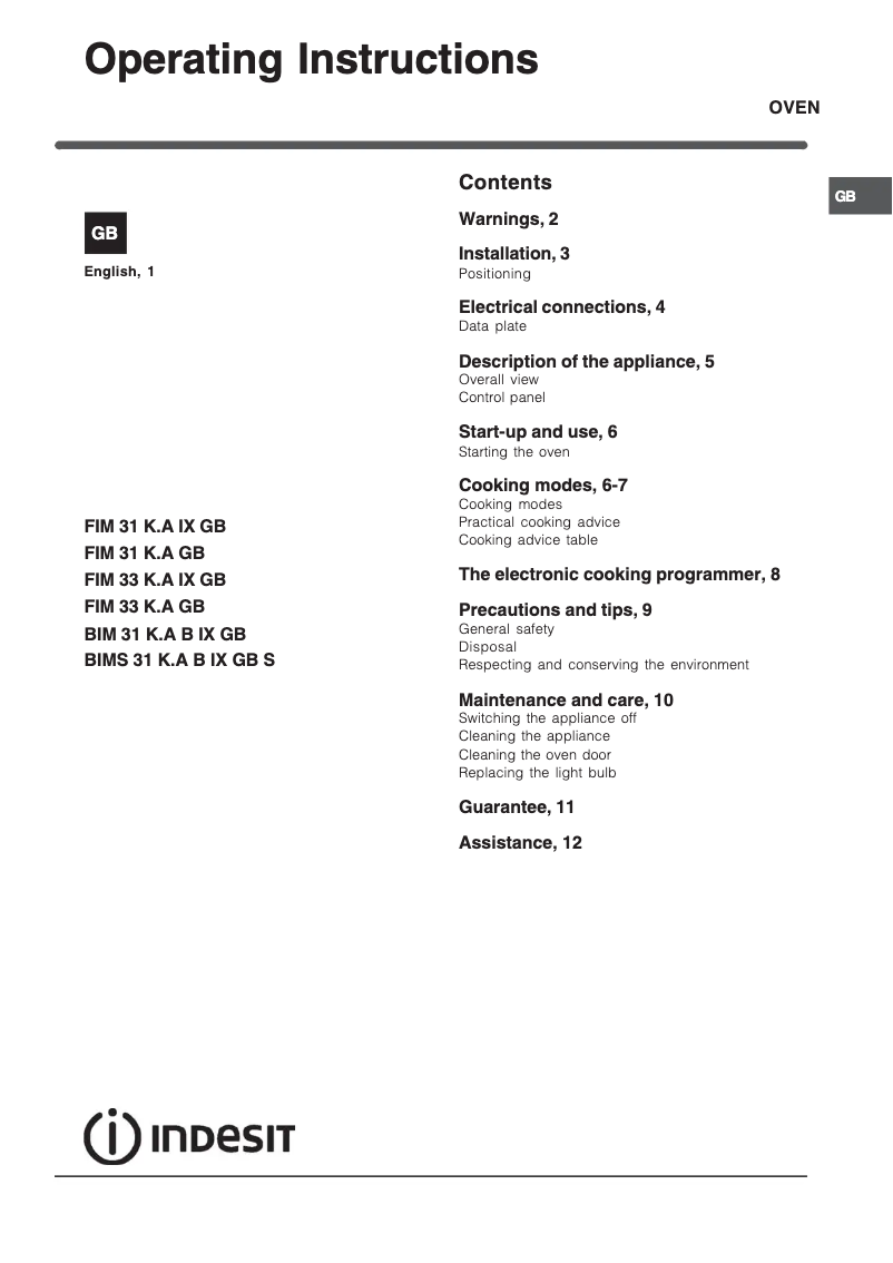 Page 1 de la notice Instructions / montage Indesit FIM 33 K.A IX GB