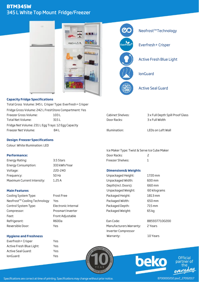 Page 1 de la notice Fiche technique Beko BTM345W