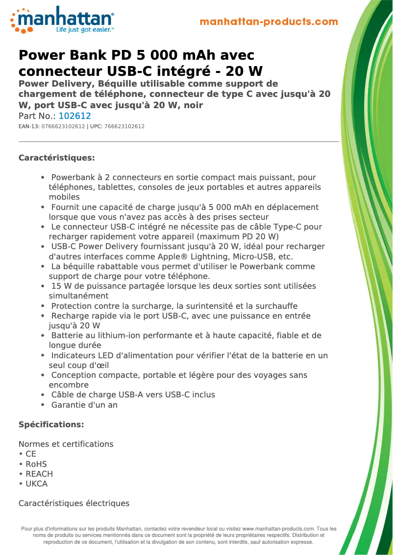 Page 1 de la notice Fiche technique Manhattan 102612