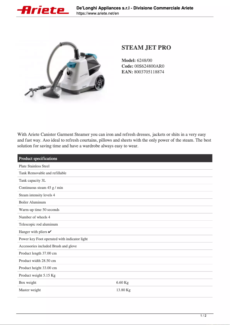 Page 1 de la notice Fiche technique Ariete Steam Jet Pro 6248