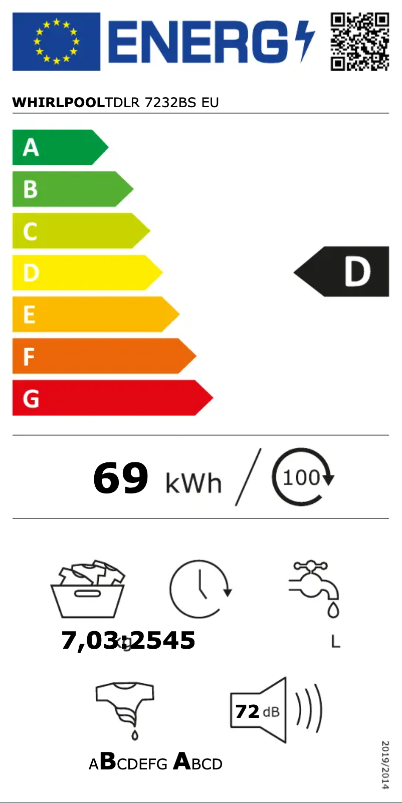 Page 1 de la notice Label énergétique Whirlpool TDLR 7232BS EU