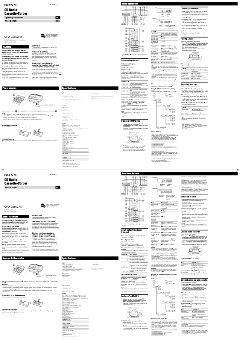 Page 1 de la notice Manuel utilisateur Sony CFD-G555CPK