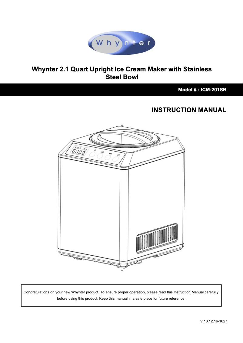 Page 1 de la notice Manuel utilisateur Whynter ICM-201SB