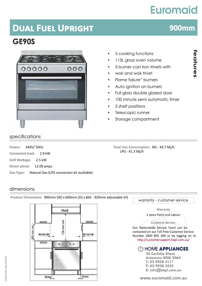 Page 1 de la notice Fiche technique Euromaid GEAOL90PK