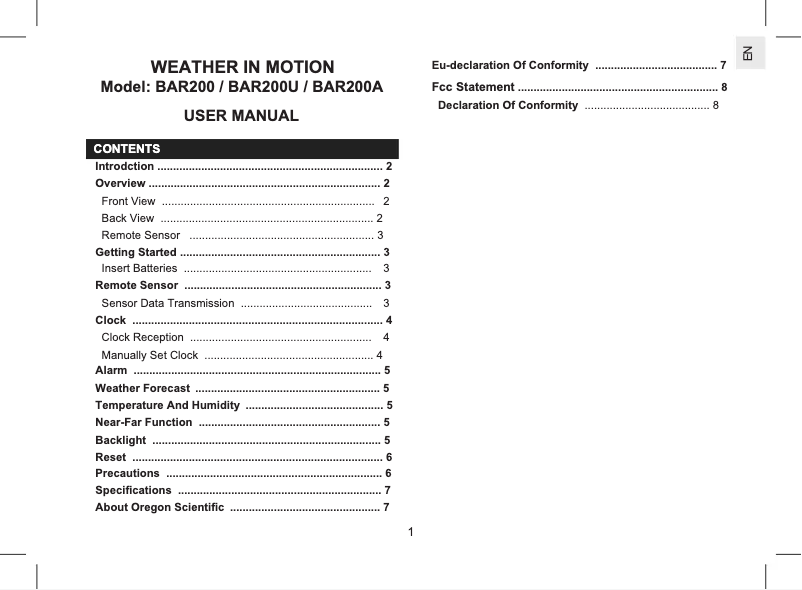 Image de la première page du manuel de l'appareil BAR200A