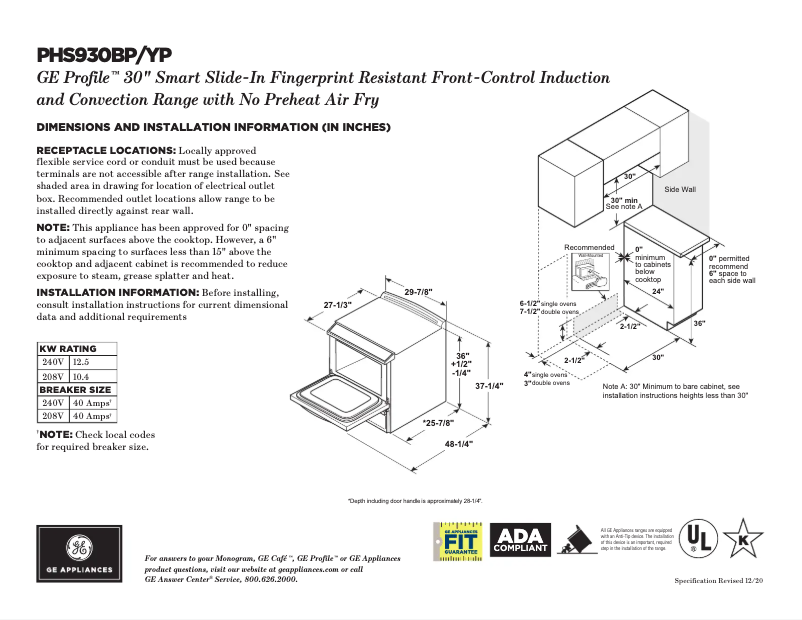 Página 1 del manual Ficha técnica GE Profile PHS930YPFS