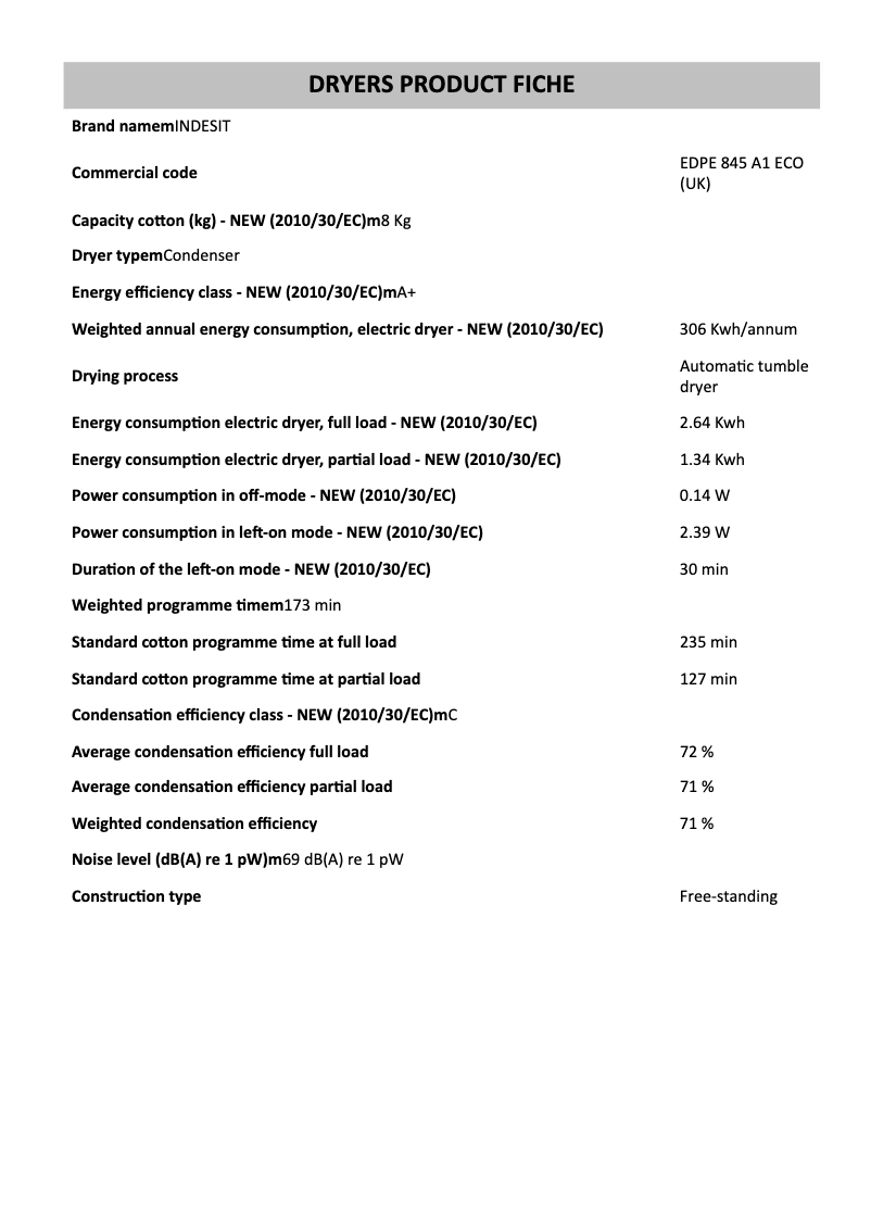 Page n°1 - Manuel utilisateur Indesit EDPE 845 A1 ECO (UK)