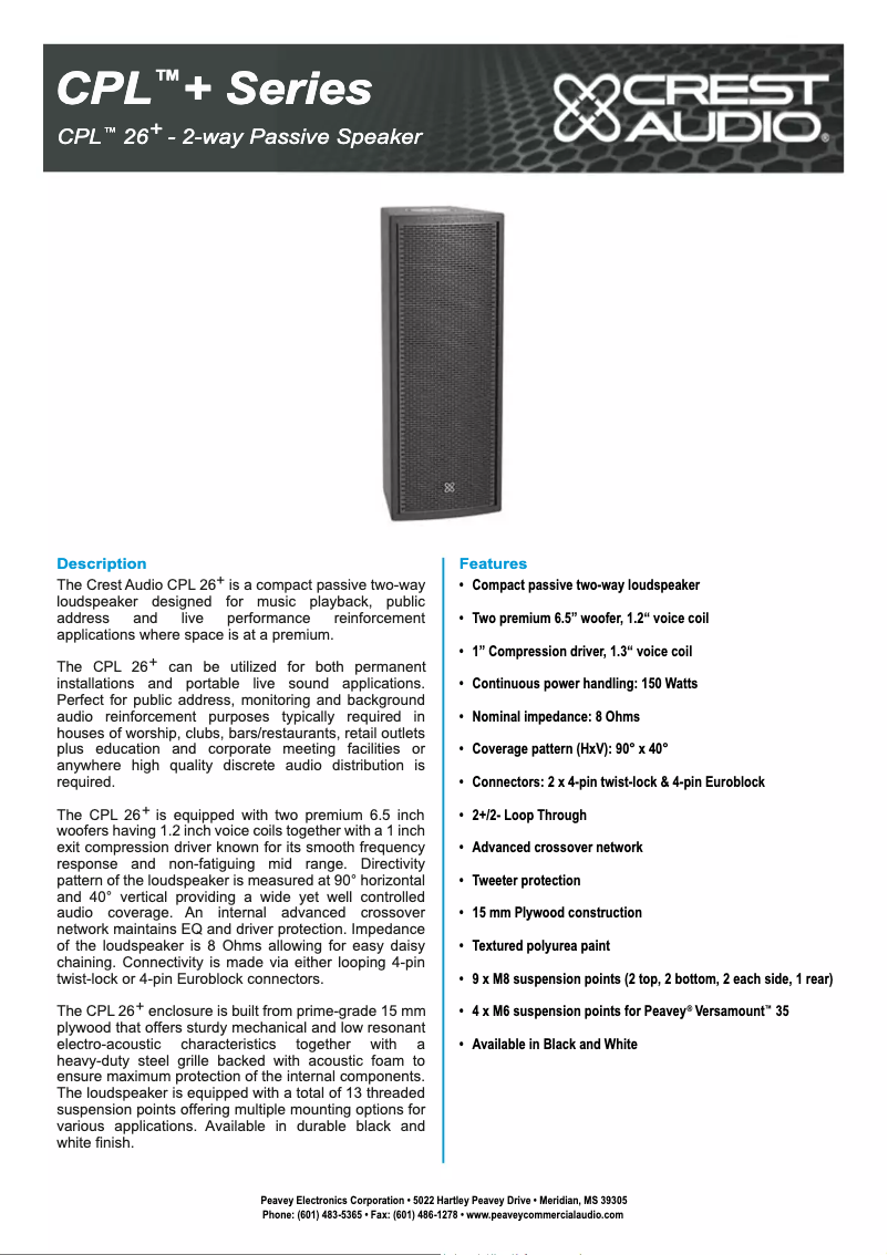 Page 1 de la notice Fiche technique Crest Audio CPL 26+