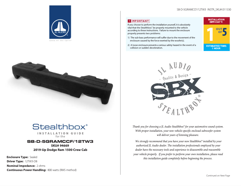 Image de la première page du manuel de l'appareil Stealthbox SB-D-5GRAMCCF/12TW3